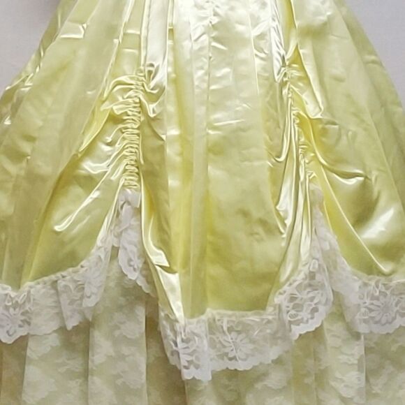 1950s Vintage Yellow Ruffle Satin Lace Bow Full Skirt Maxi Antebellum Dress S - Picture 3 of 10